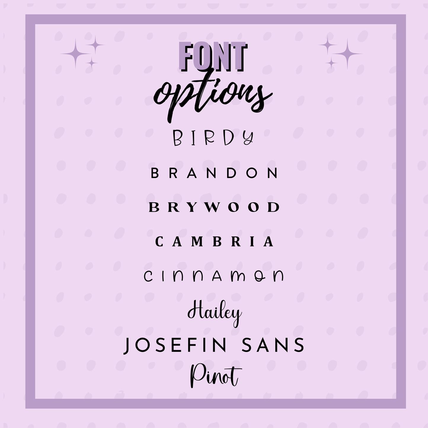 List of font options on a light purple background with star patterns