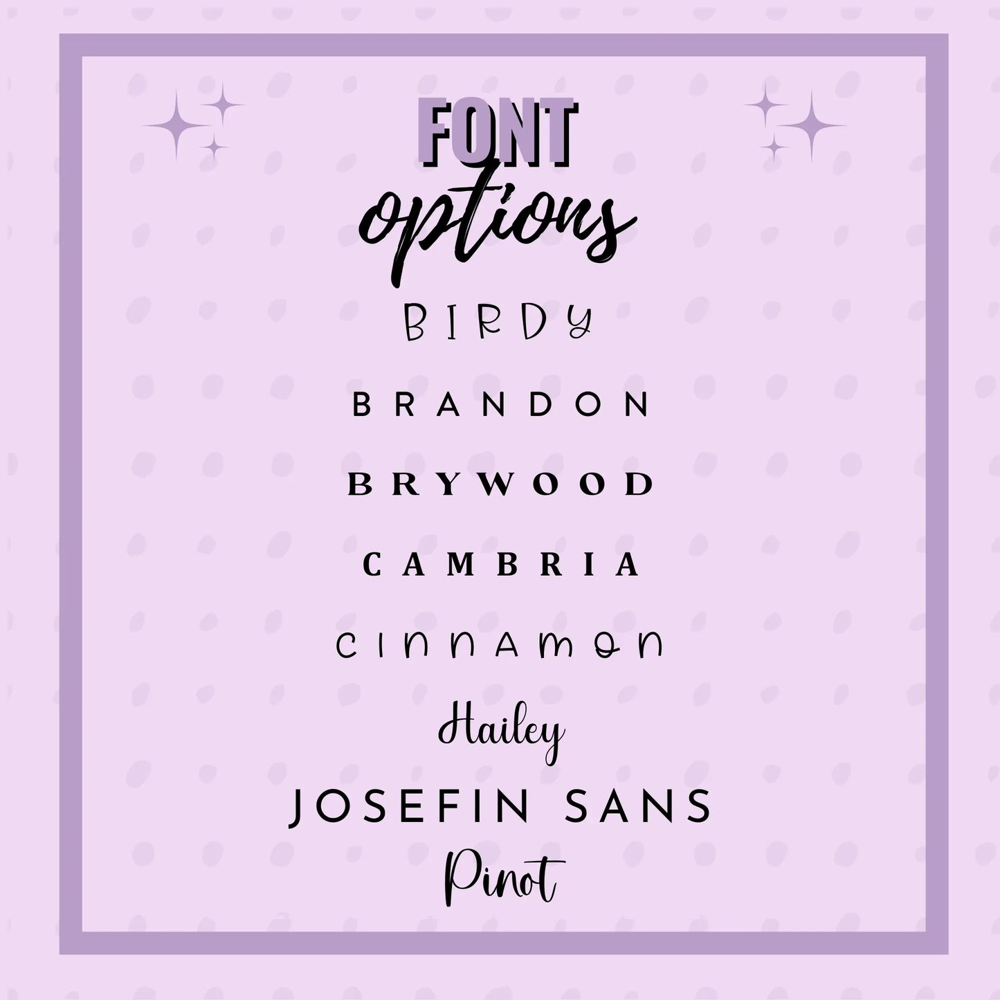 List of font options on a light purple background with star patterns