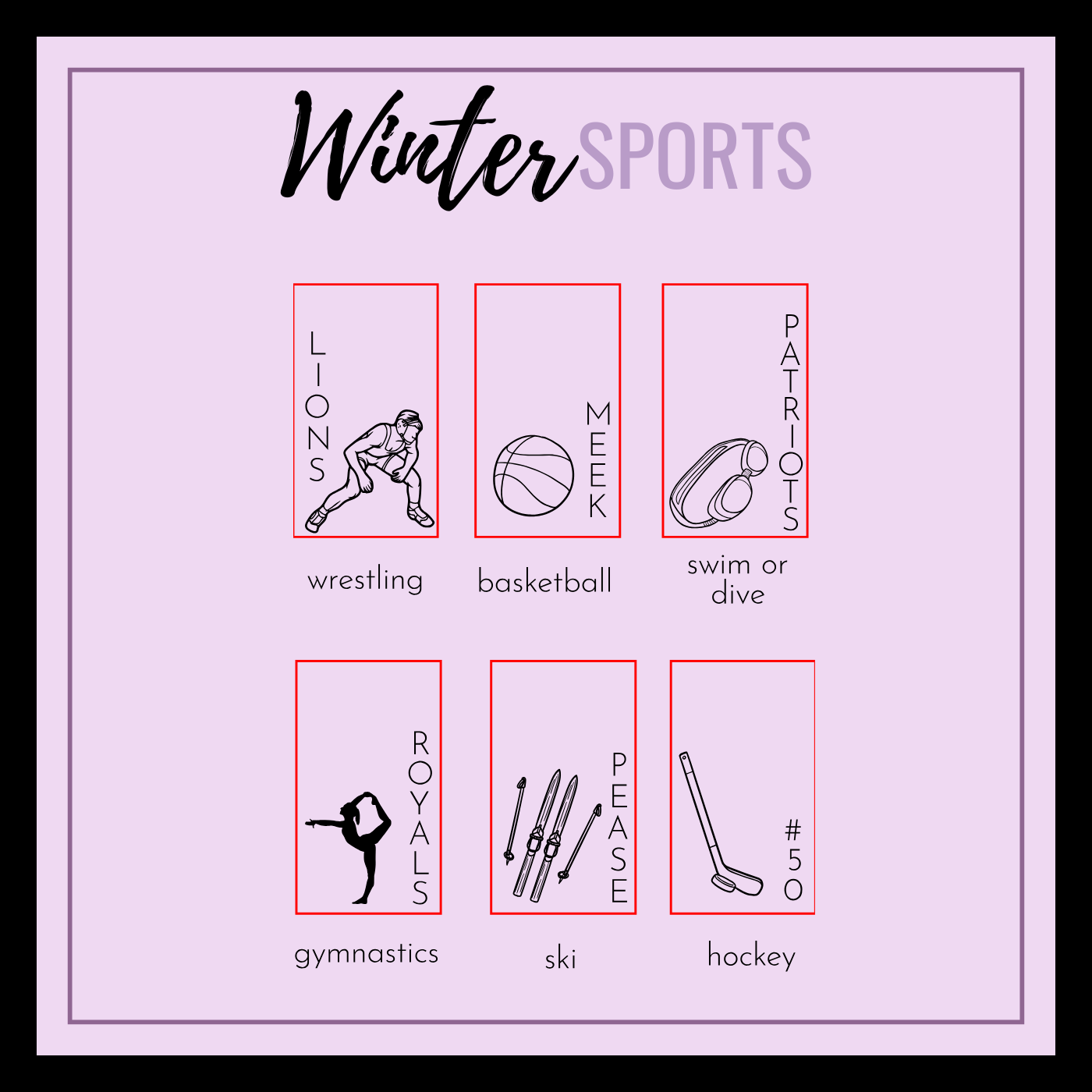 Winter sports graphic with icons and text on a pink background