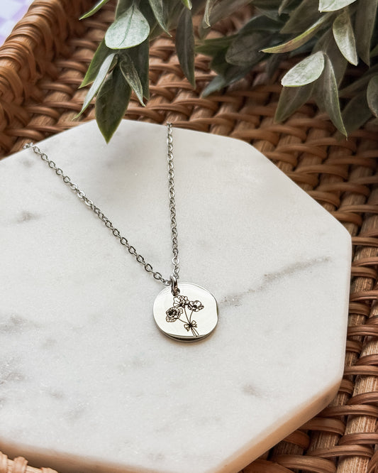 Birth Flower Bouquet Disc Necklace