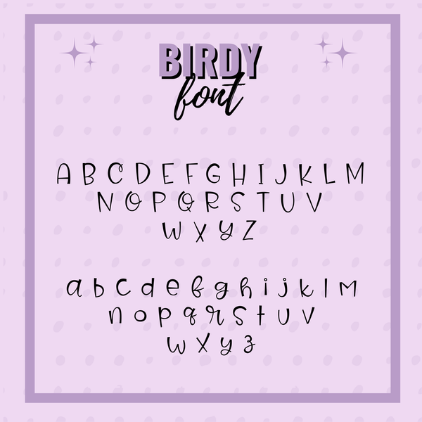 Birdy font display on a light purple background with decorative elements.