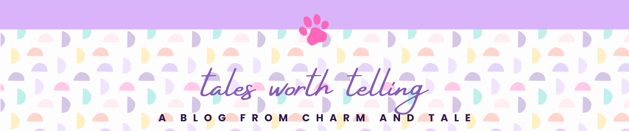 Banner with 'tales worth telling' text and paw print on a colorful background