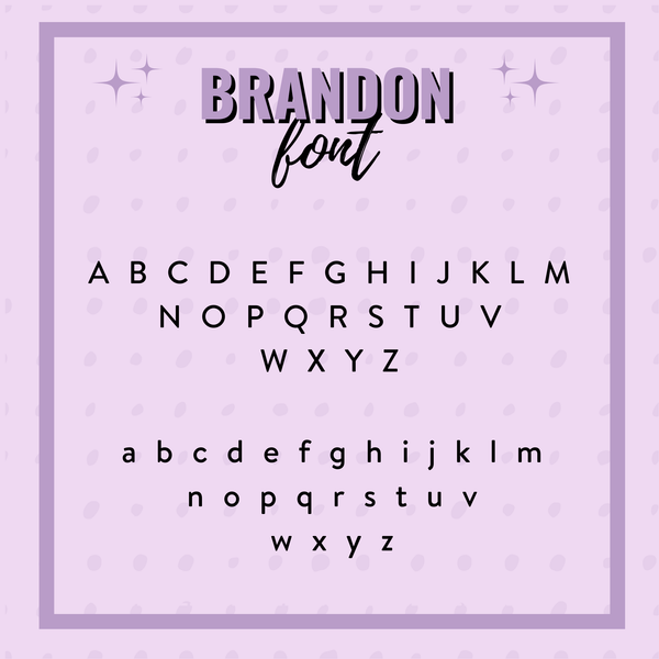Display of the 'Brandon' font on a light purple background with decorative elements.