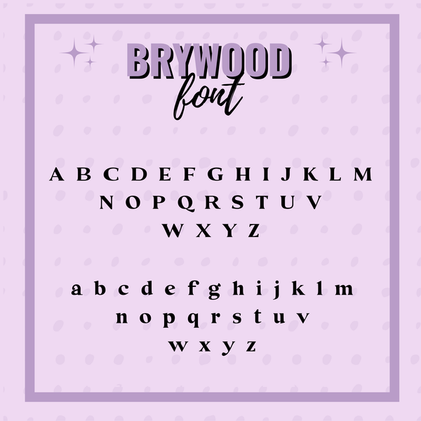 Display of the Brywood font on a light purple background with decorative elements.