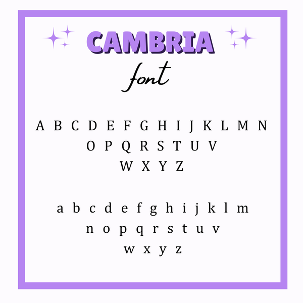 Display of the Cambria font with letters and decorative elements on a white background.