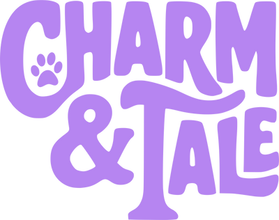 Purple logo with 'Charm & Tale' text and paw print on a white background