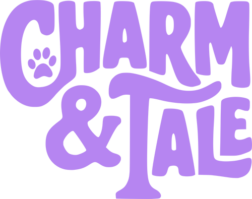Purple logo with 'Charm & Tale' text and paw print on a white background