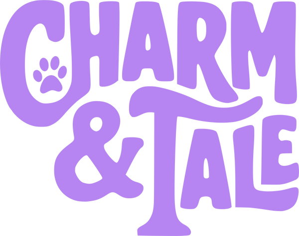 Purple logo with 'Charm & Tale' text and paw print on a white background