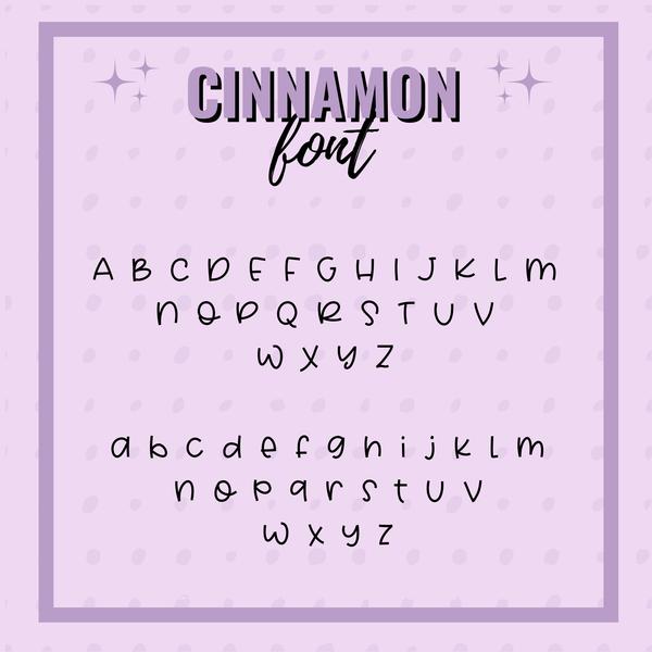 Cinnamon font display on a purple background with decorative elements