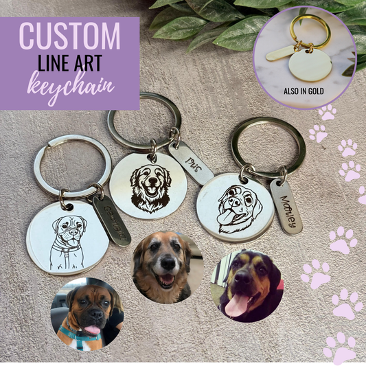 Custom pet keychains with line art and photo options on a textured surface with paw prints.