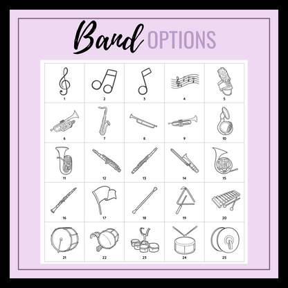Sheet with illustrations of musical instruments and symbols on a purple background