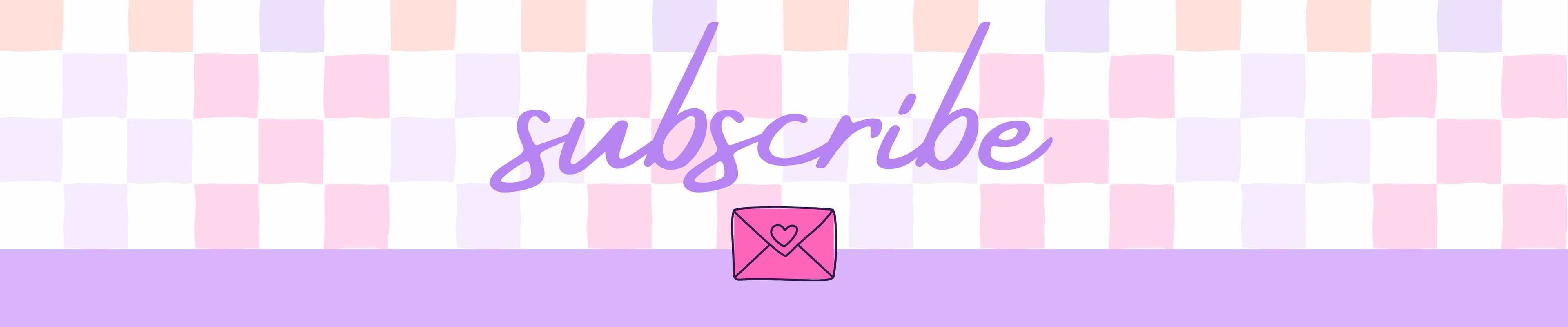 Checkered pattern with 'subscribe' text and a pink envelope icon on a purple background