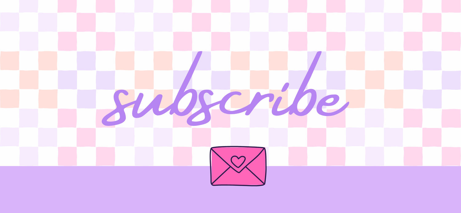 Checkered pattern with 'subscribe' text and pink envelope icon on a purple background