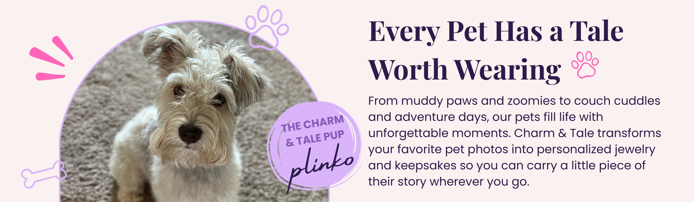 Dog with text about personalized pet jewelry and keepsakes on a light purple background