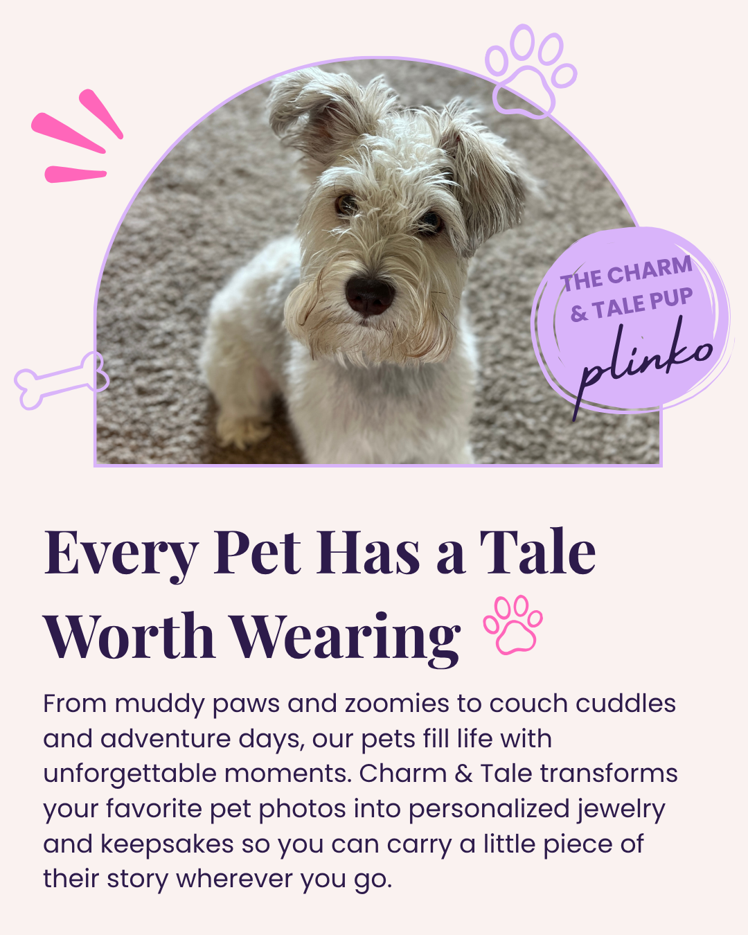 Dog with promotional text and branding for 'The Charm & Tale Pup' on a light pink background