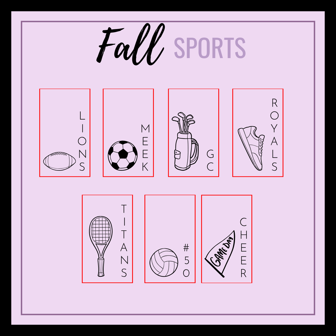 Collection of sports-themed icons with team names on a pink background
