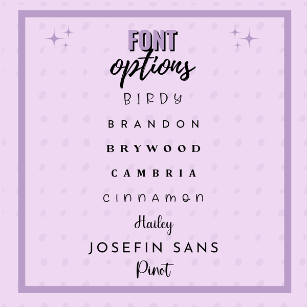 List of font options on a light purple background with star patterns