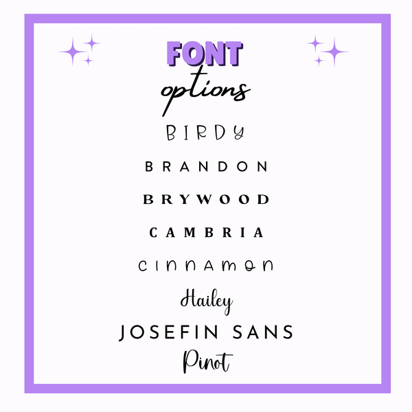List of font options with a purple border and text on a white background