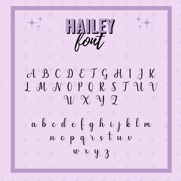 Display of 'Hailey' font on a light purple background with decorative elements.
