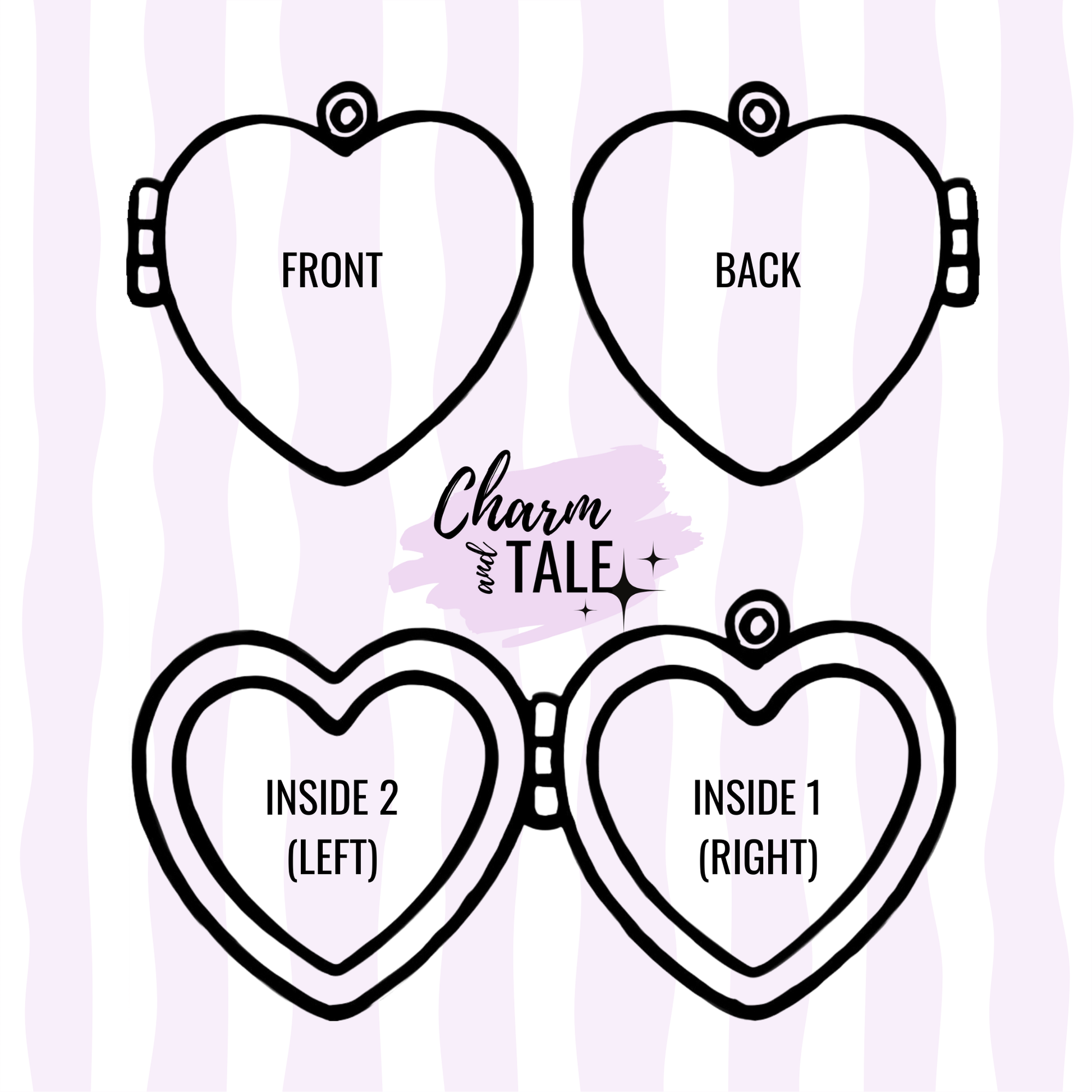 heart locket drawing with labels for front, back, insides, and charm and tale logo