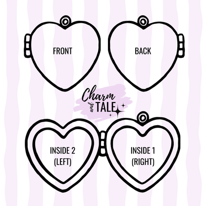heart locket drawing with labels for front, back, insides, and charm and tale logo