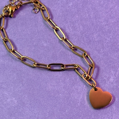 Paperclip Bracelet with Heart Charm - Gold
