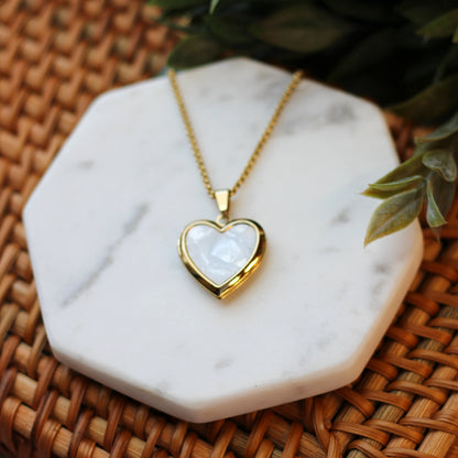Gold Mother of Pearl Pet Line Art Heart Locket