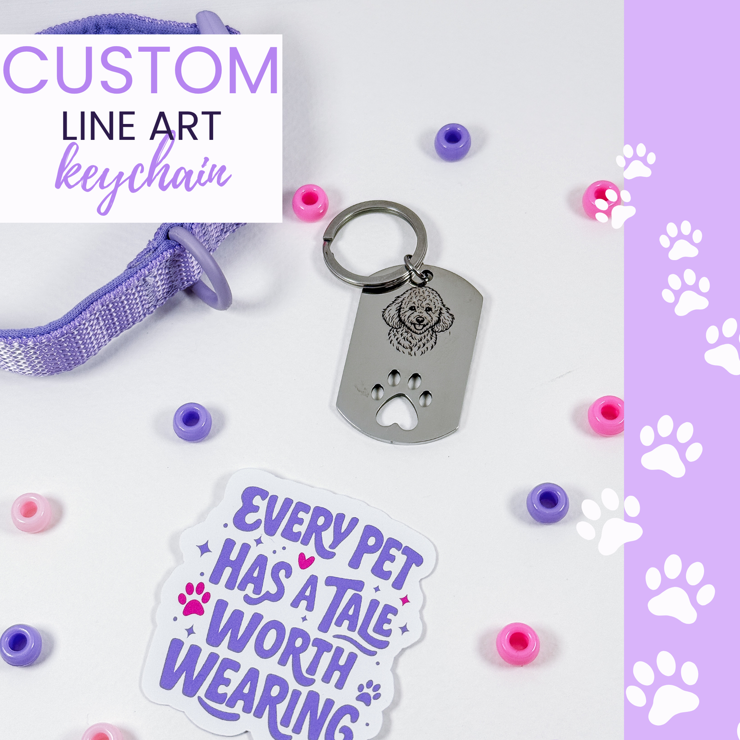Custom Line Art Paw Print Tag Keychain