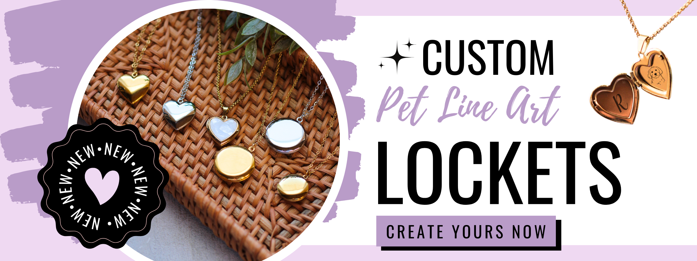Promotional banner for custom pet lockets with jewelry on a textured surface and text overlay.