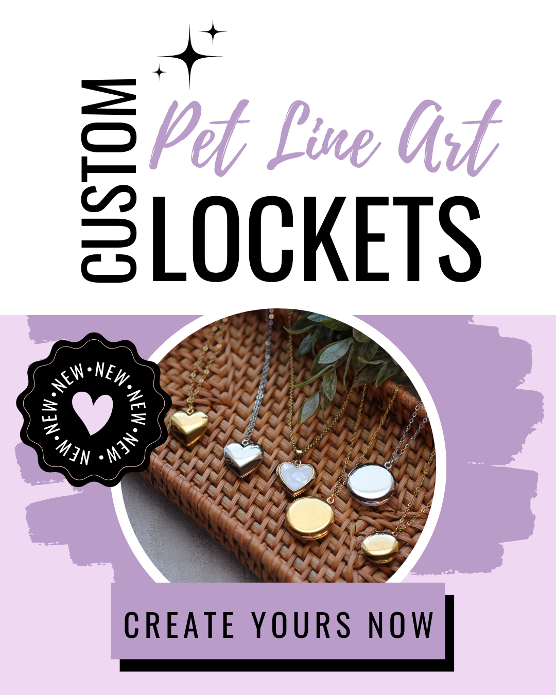 Advertisement for custom pet line art lockets with jewelry on a brown surface.
