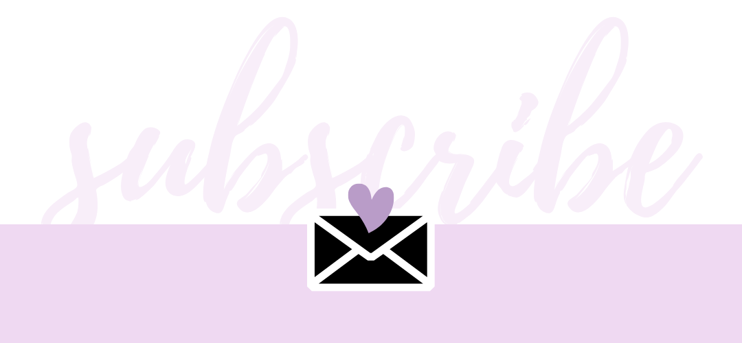Calligraphy of the word 'subscribe' with a heart-shaped envelope icon on a light purple background