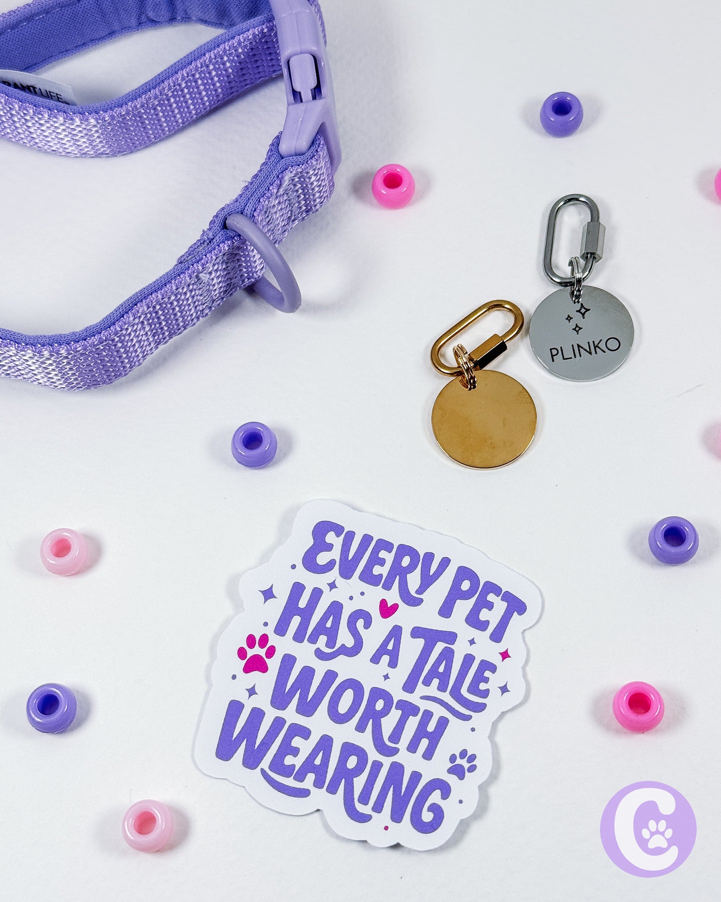 Pet collar with tags and a sticker on a light background