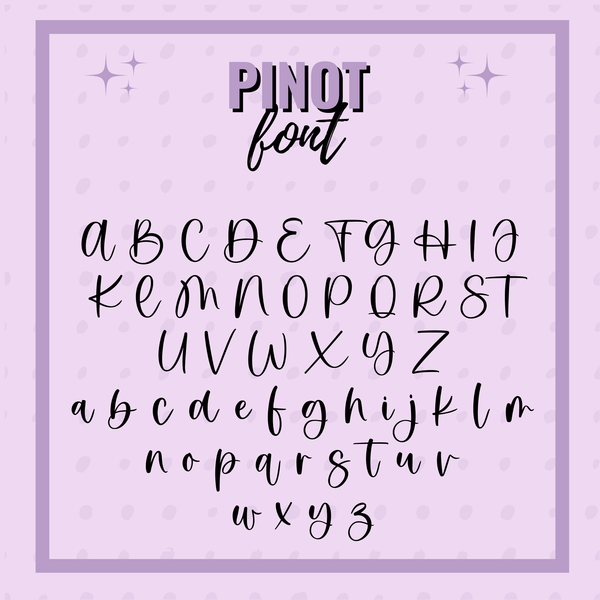 Display of 'Pinot' font on a light purple background with decorative elements.