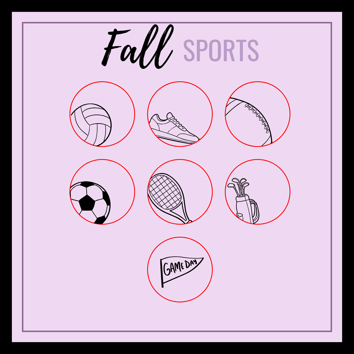 Illustrations of sports equipment with 'Fall Sports' text on a pink background