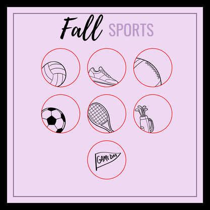 Illustrations of sports equipment with 'Fall Sports' text on a pink background