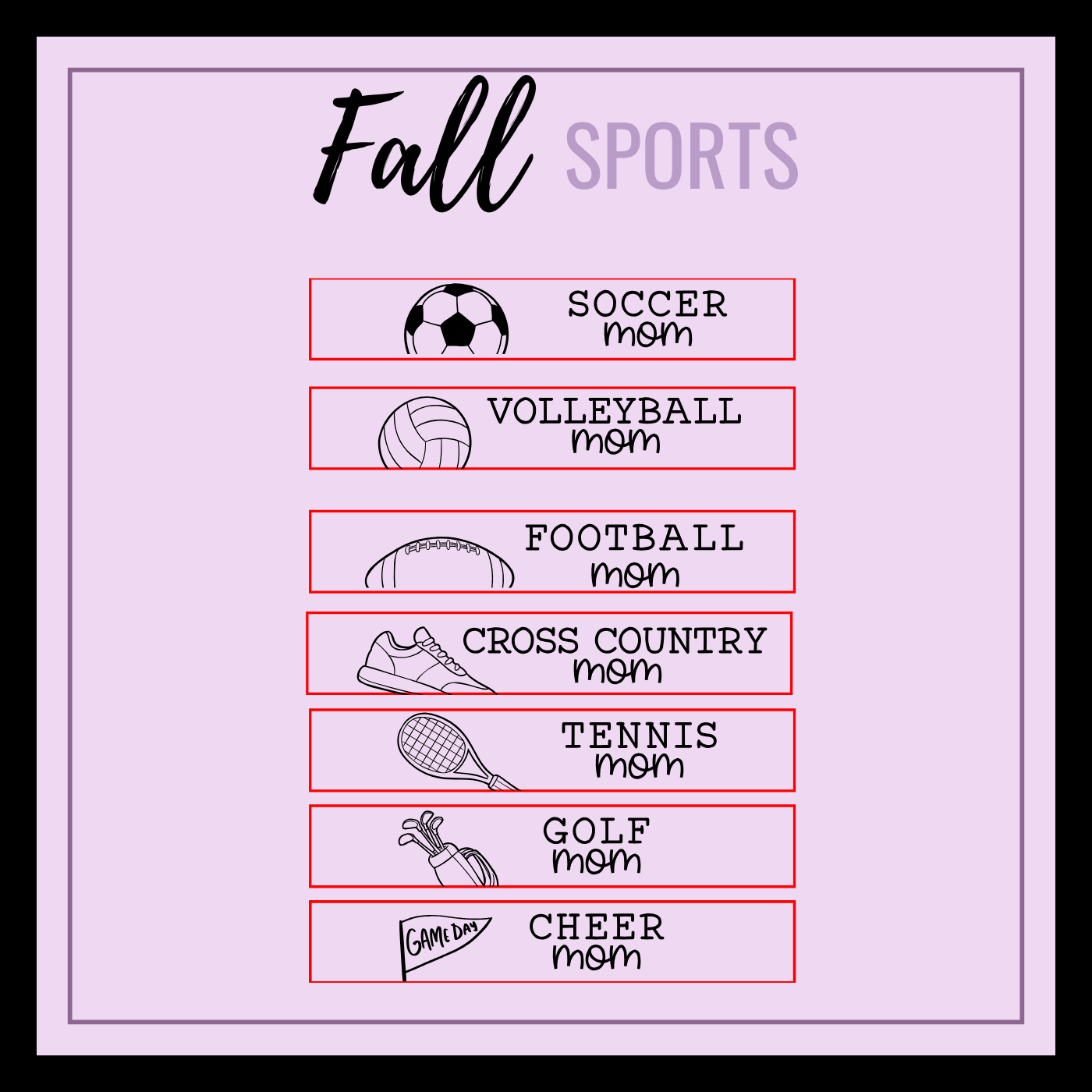 List of fall sports with corresponding mom categories on a pink background