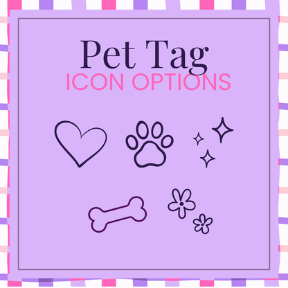 Pet tag icon options with heart, paw, bone, and flower designs on a purple background.