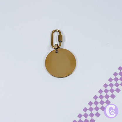 Gold round pendant with a carabiner on a light purple background