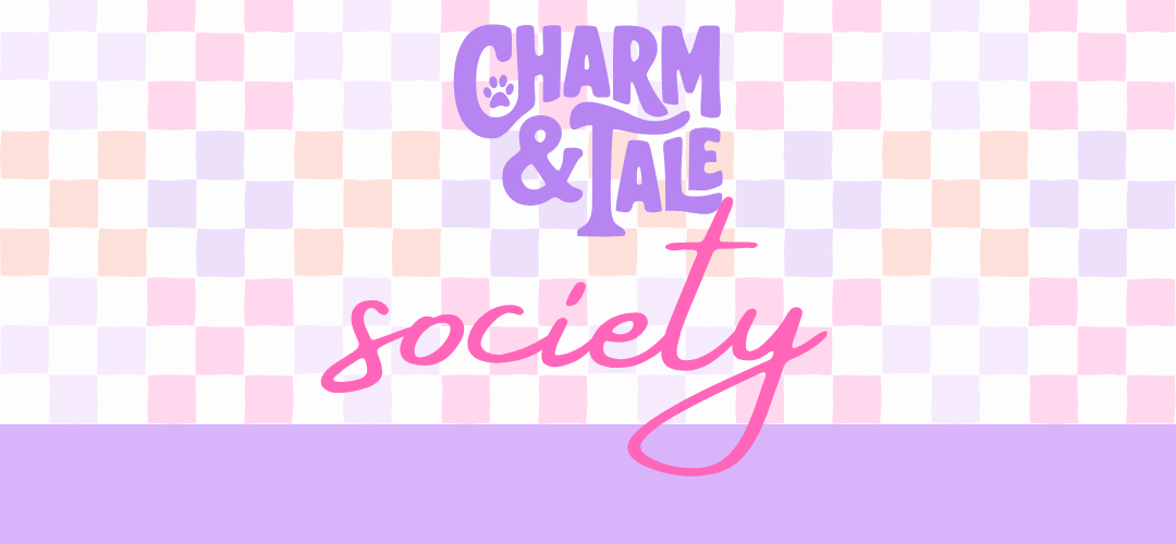 Checkered pattern with 'Charm & Tale society' text in purple and pink on a light purple background